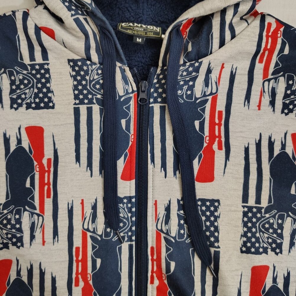 Canyon Creek Hooded Sweatshirt Sz Medium Deer Huning American Flag Sherpa Lining - Picture 14 of 16
